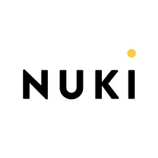 Logo de Nuki avec le nom en lettres noires et un point jaune au-dessus du 'I'.