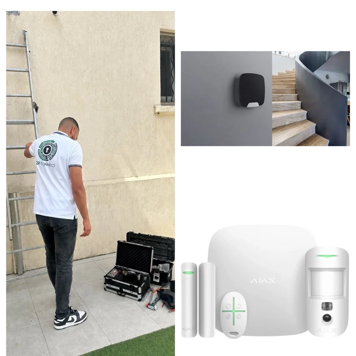 Installation d'un système de sécurité avec un technicien, une caméra, un interphone et un détecteur de mouvement dans une maison moderne.