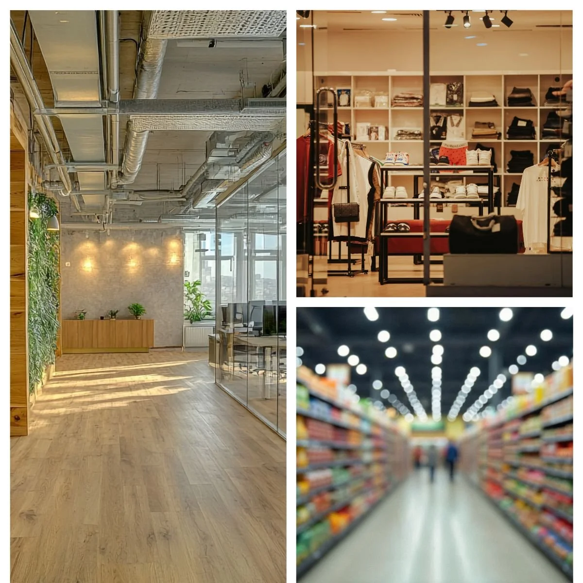 Trois images montrant différents espaces commerciaux : un bureau moderne avec un intérieur industriel, un magasin de vêtements avec des étagères et des produits bien rangés, un supermarché avec des allées remplies de produits.