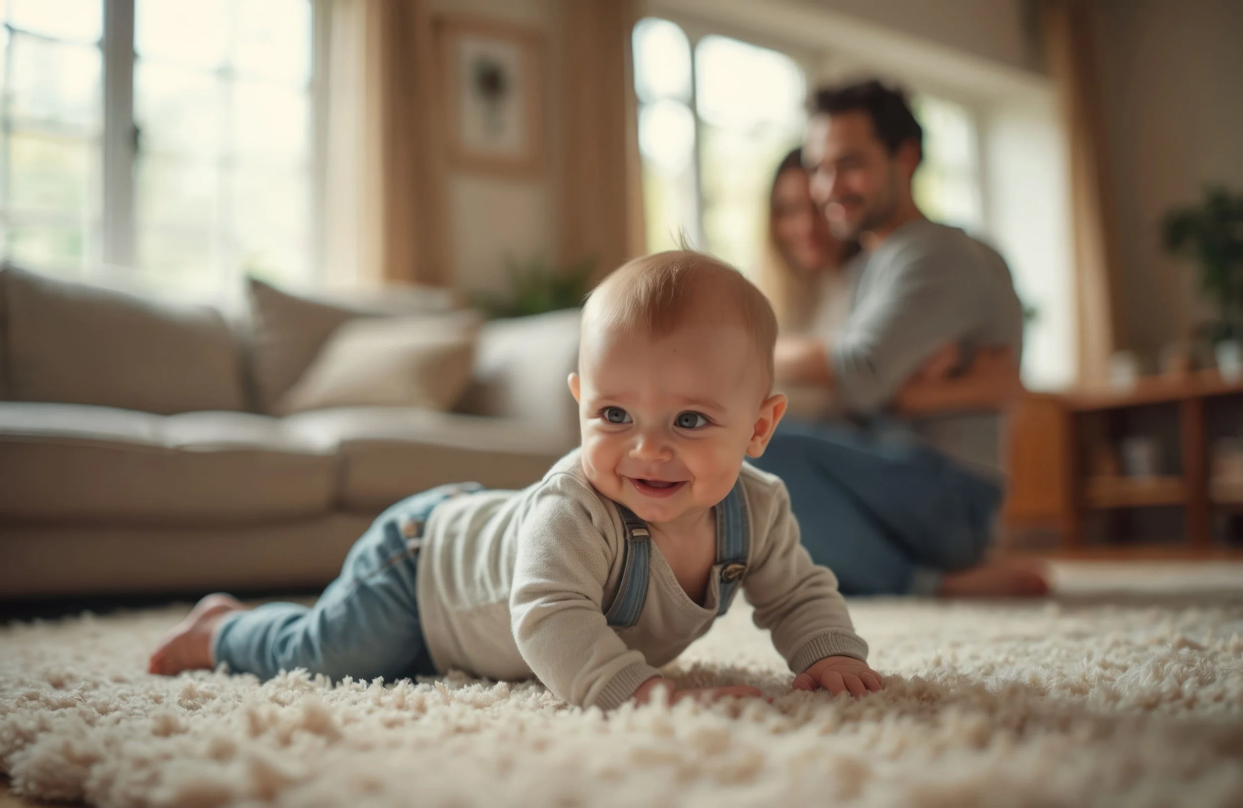 Baby crawling safely on a freshly cleaned carpet in a family home in Preston