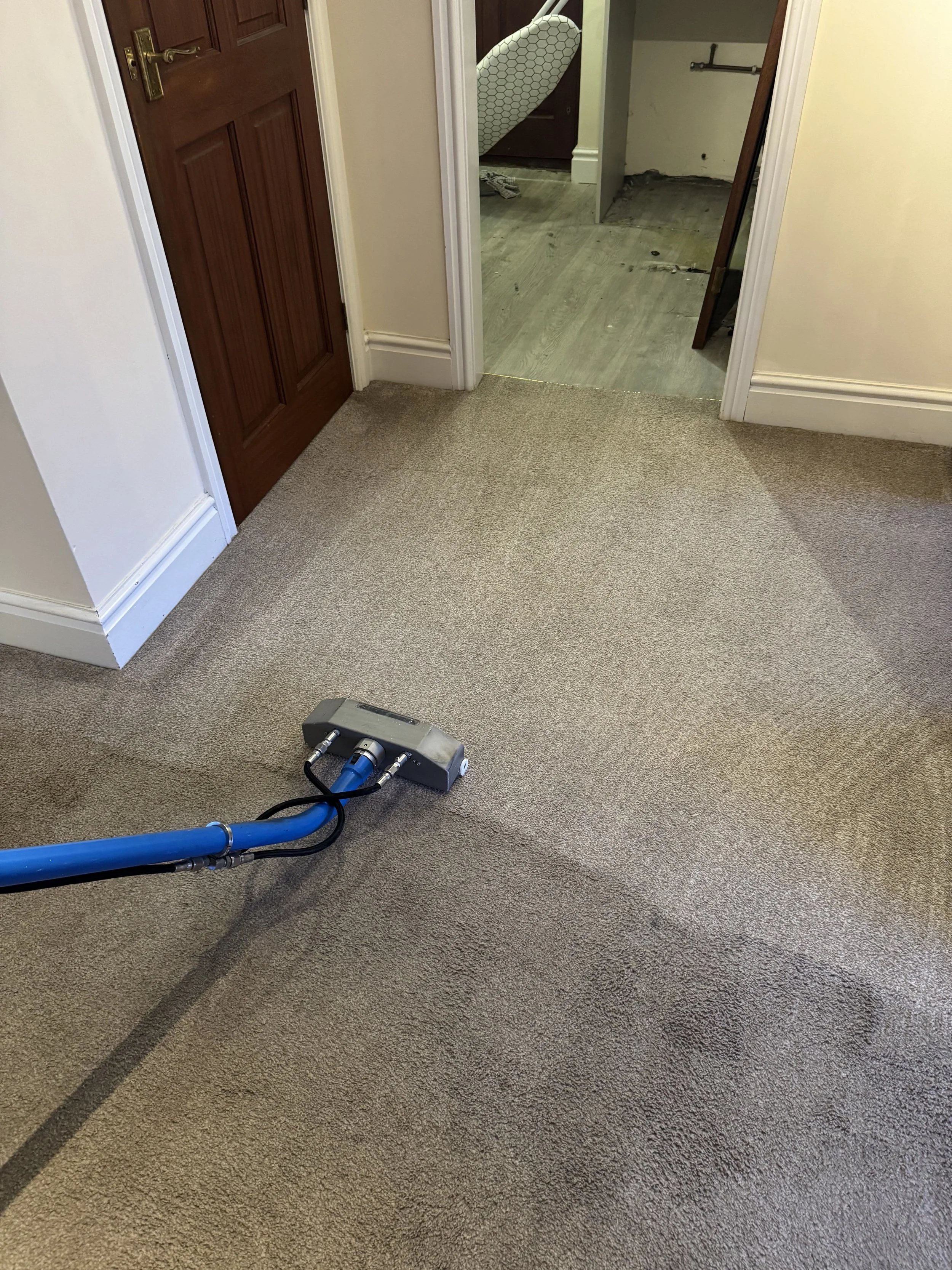 Professional carpet cleaner in Blackpool using powerful extraction machine mid-clean