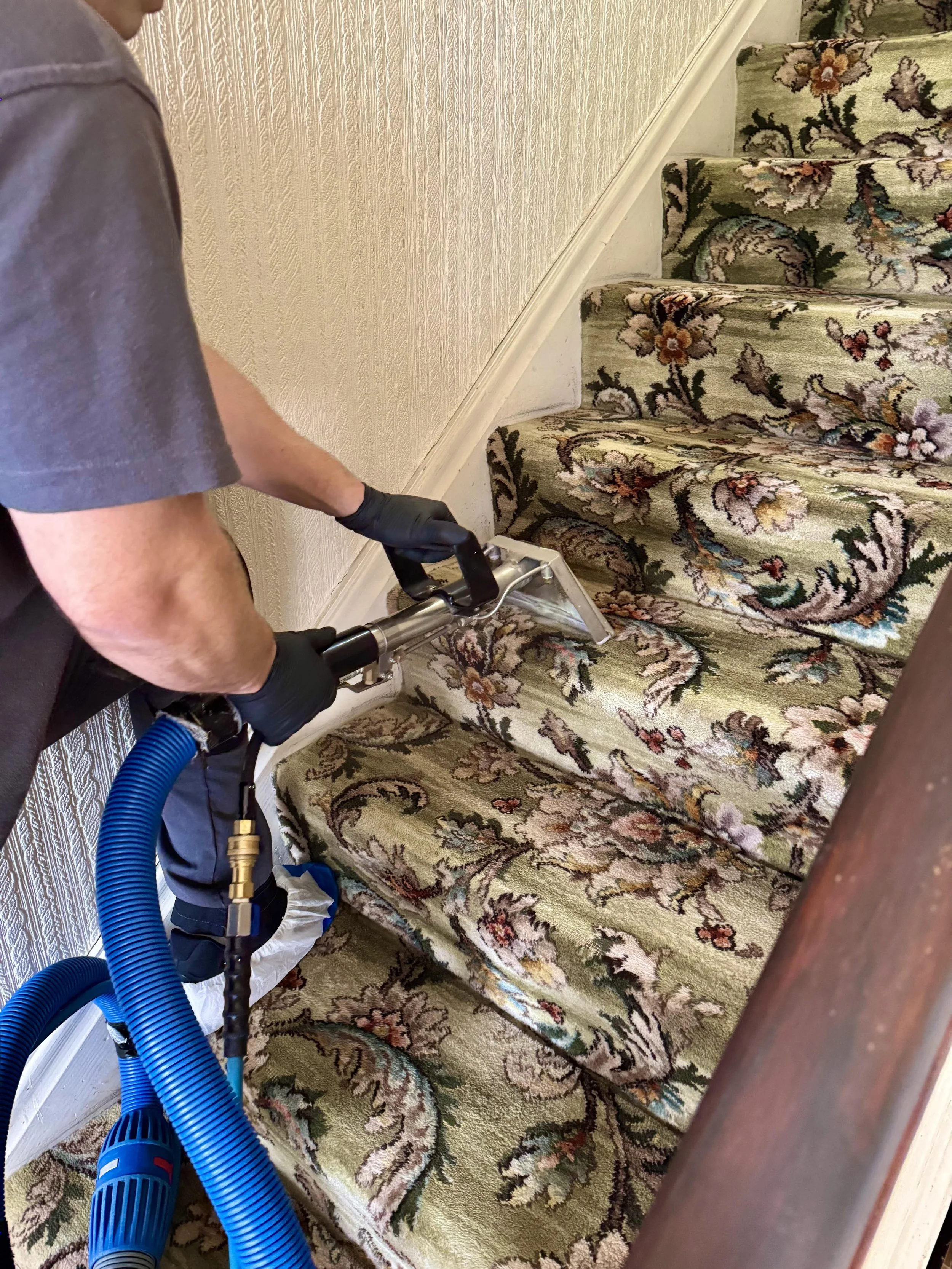 Live action shot of carpet cleaning technician cutting through dirt with powerful equipment