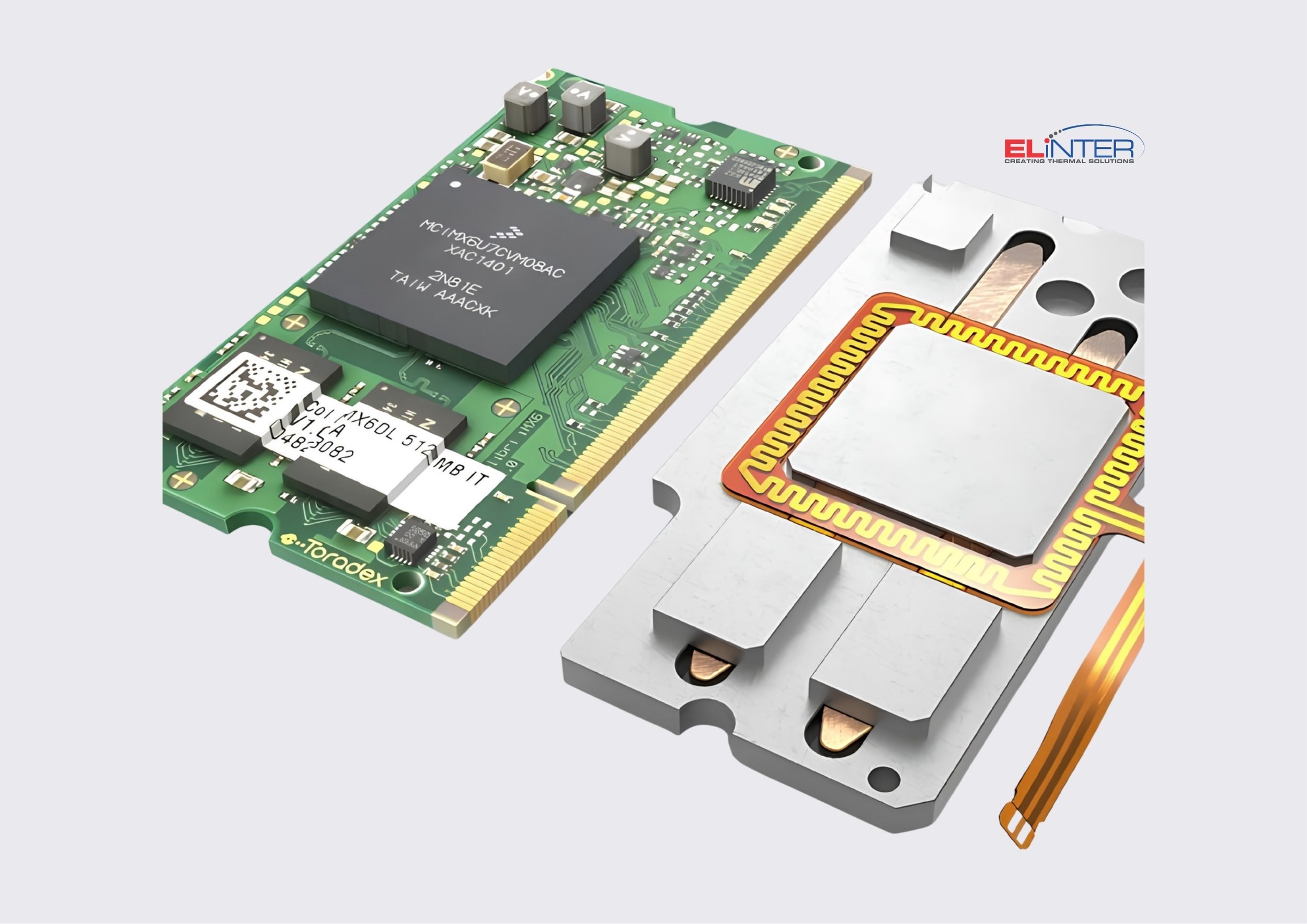 Elektronische Baugruppe mit PCB, Heatpipe und Heizfolie zur gleichmäßigen Wärmeverteilung und zuverlässigen Temperaturregelung.