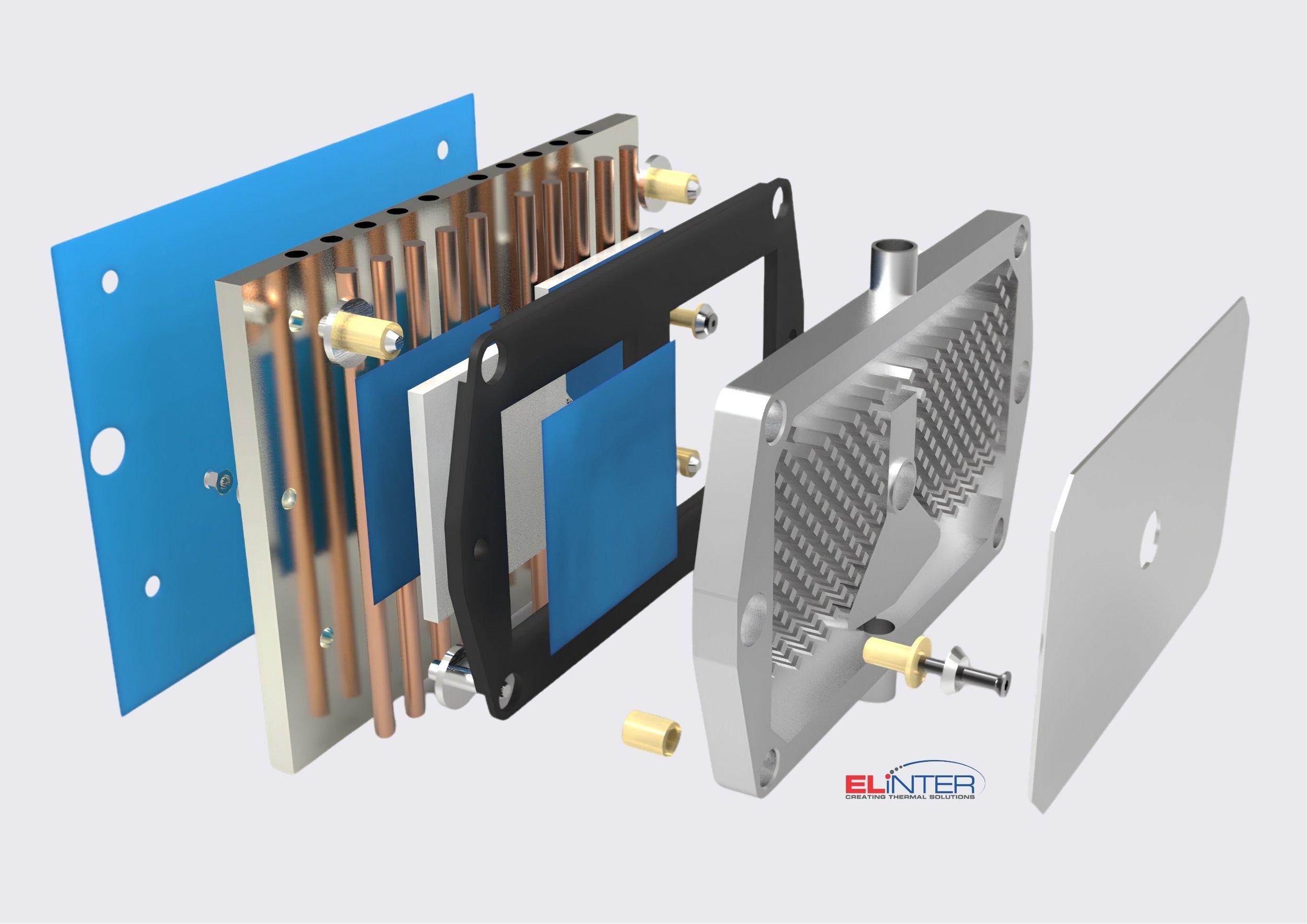 Explosionsdarstellung einer Heatpipe-Kühlbaugruppe mit Heatpipes, Kühlplatten, Wärmeleitmaterialien (TIM) und Befestigungselementen für effizientes Thermomanagement.