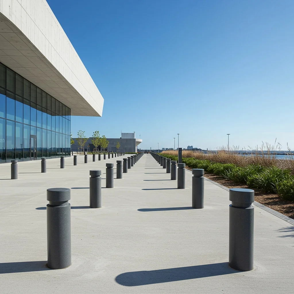 Empty walkway outside a modern building with large glass windows and a white overhang, lined with gray bollards and surrounded by dry grass and small trees under a clear blue sky.