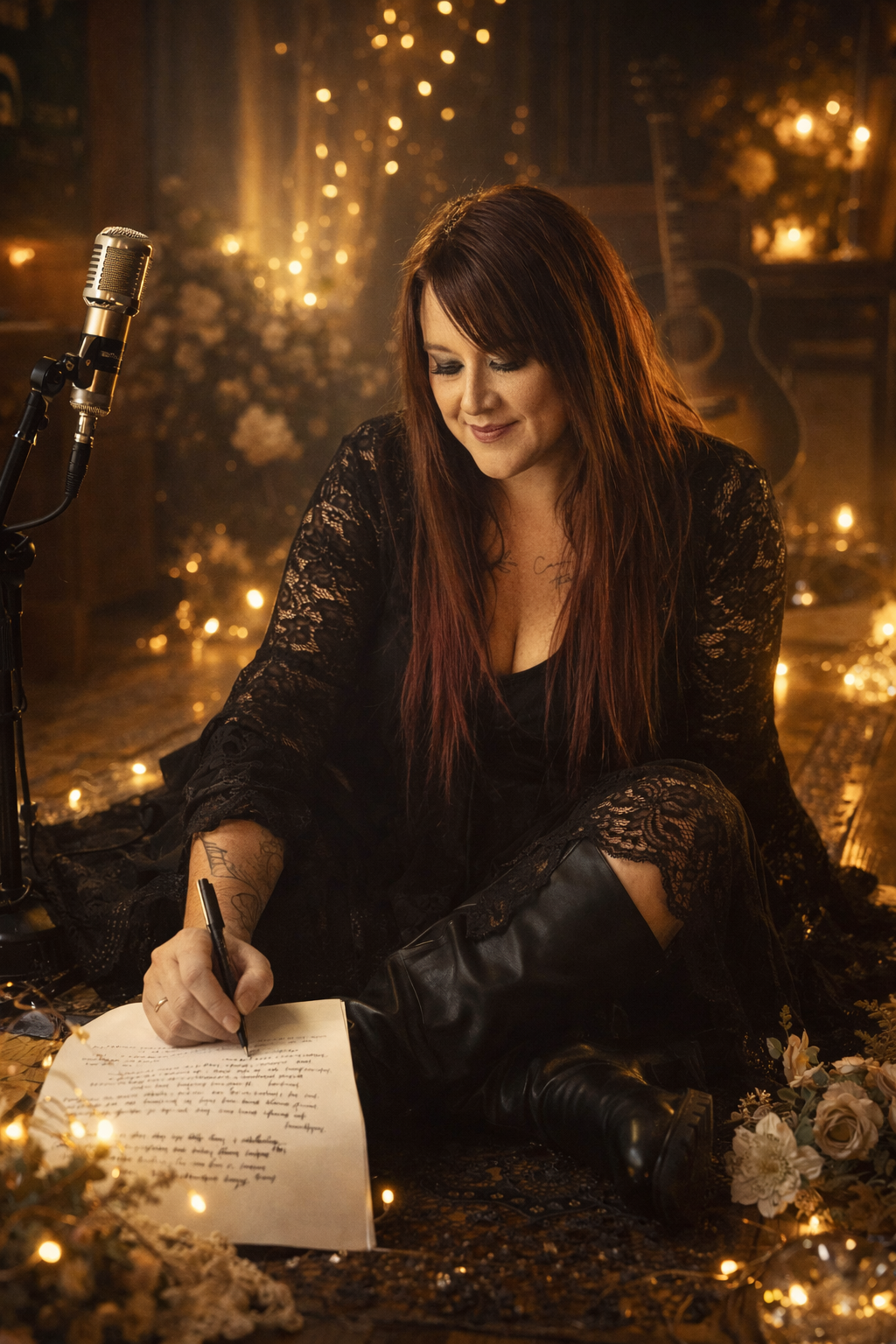 A woman with long red hair, wearing a black lace dress and leather boots, writes in a notebook while sitting on a decorated floor with fairy lights, flowers, and a vintage microphone nearby.