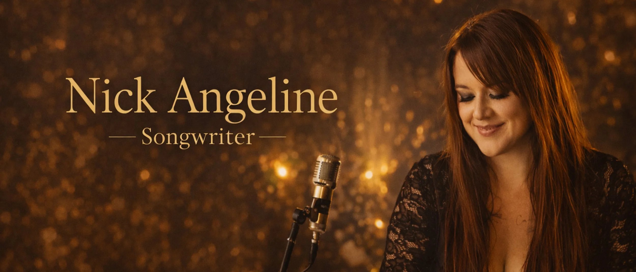 Photo of Nick Angeline, a female singer and songwriter, with long red hair, wearing a black lace top, smiling softly with eyes closed, standing beside a vintage microphone against a warm, glittery background.