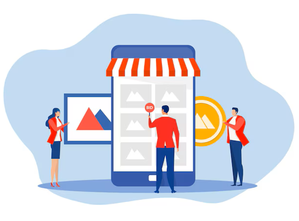 Illustration of three people interacting with a large smartphone displaying images and a bidding icon, surrounded by framed images, a gold coin, and a striped awning.