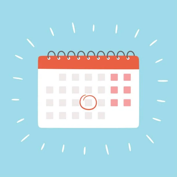 Illustration of a calendar with a circled date, set against a light blue background with radiating lines.
