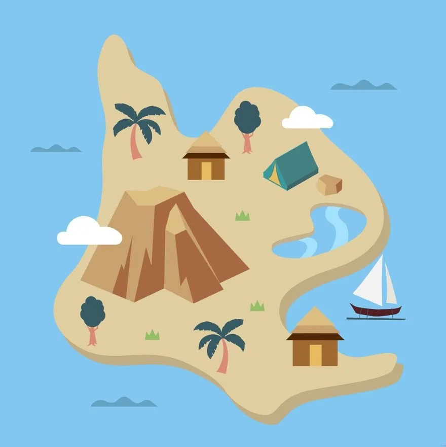 Illustration of a tropical island with mountains, palm trees, huts, a tent, water stream, sailing boat, and clouds in the sky.