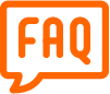Das Bild zeigt ein orangefarbenes 'FAQ' in einem Sprechblasen-Design.