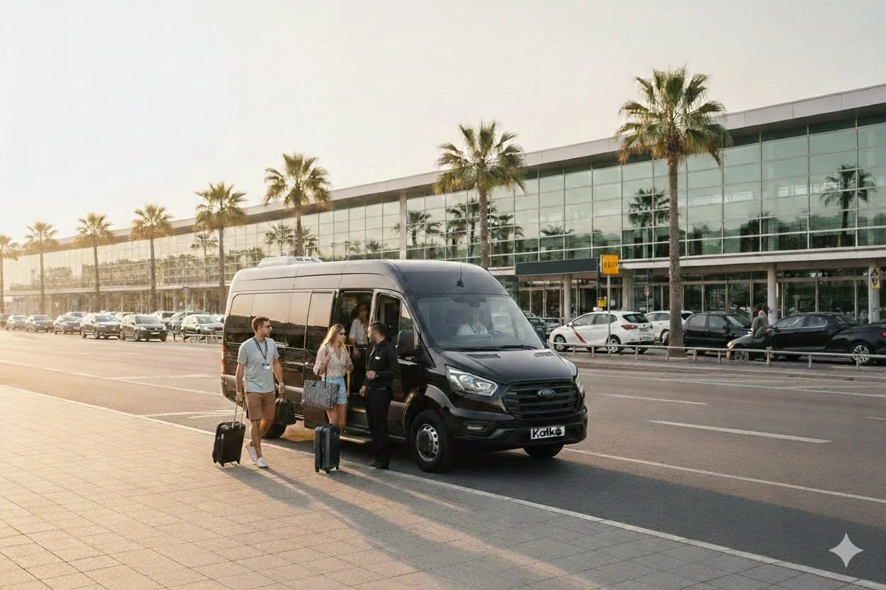 Personas con maletas en una acera junto a una furgoneta negra en el aeropuerto.
