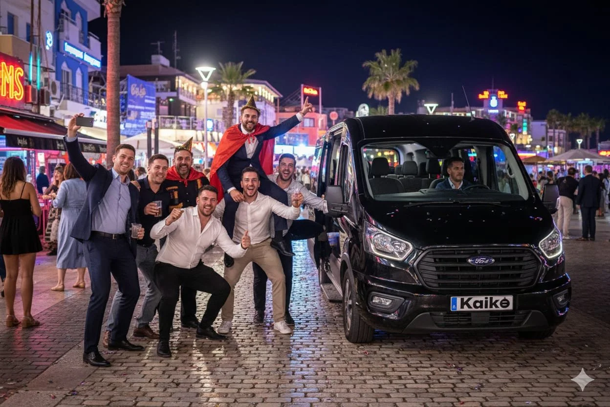 Grupo de siete hombres alegres en celebración en la calle, algunos con gorros de fiesta y ropa formal, uno vestido como mago con capa roja, posando con una camioneta negra y un cartel que dice 'Kaike' en un entorno vibrante y con muchas luces nocturnas.