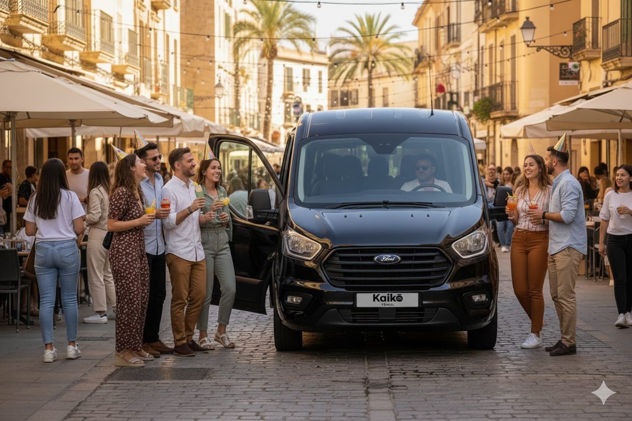 Grupo de personas celebrando un evento en la calle con la llegada de un vehículo Ford Kaike, algunos con gorros de fiesta, en un ambiente moderno y alegre