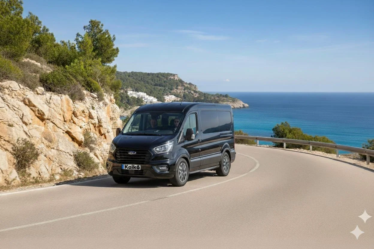 Una camioneta negra conduciendo por una carretera en una zona costera con el mar al fondo, árboles y un cielo despejado.