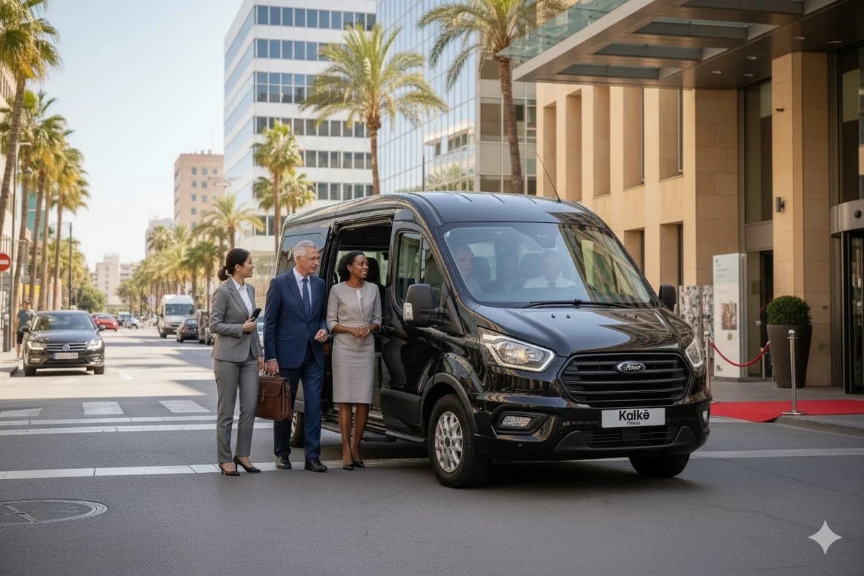 Personas de negocios suben a un vehículo, en un entorno urbano con edificios altos y palmeras.