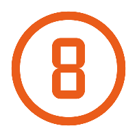 Een afbeelding van een biljartbal met het nummer 8 erop, oranje met zwarte rand.