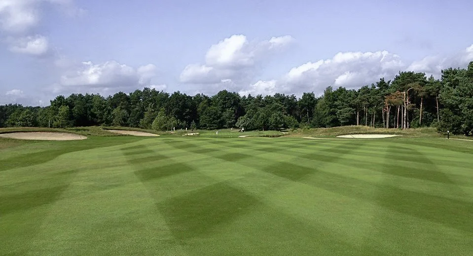 Een golfbaan met groene fairways, bunkers op de achtergrond, omgeven door bomen onder een deels bewolkte hemel.