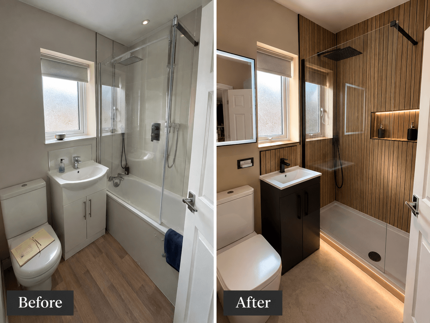 Bathroom Renovation in Oldfield Park, Bath: Modern Rain Shower, Wooden Effect Panelling &amp; LVT Flooring