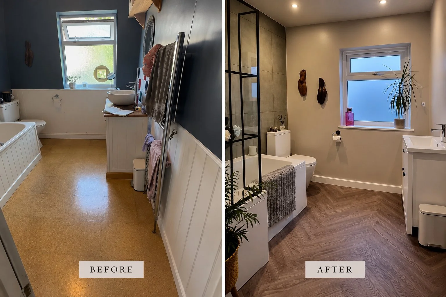 Before and after bathroom renovation in Ashton, Bristol BS3, showing updated flooring, wall tiling and modern sanitary ware.
