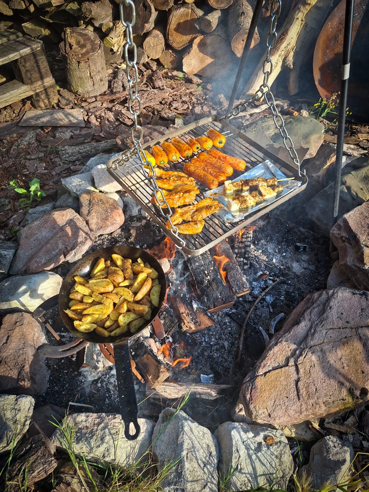 Outdoor camping scene with a campfire, grilling chicken, hot dogs, and skewers of food, surrounded by rocks and wood logs.