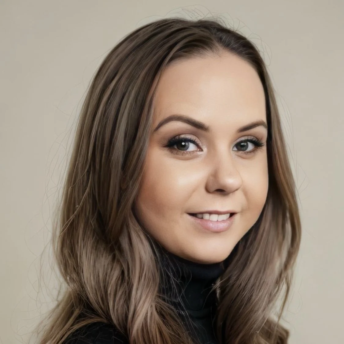 Close-up of a woman with long brown hair, smiling softly, wearing makeup and a black turtleneck, against a plain beige background.
