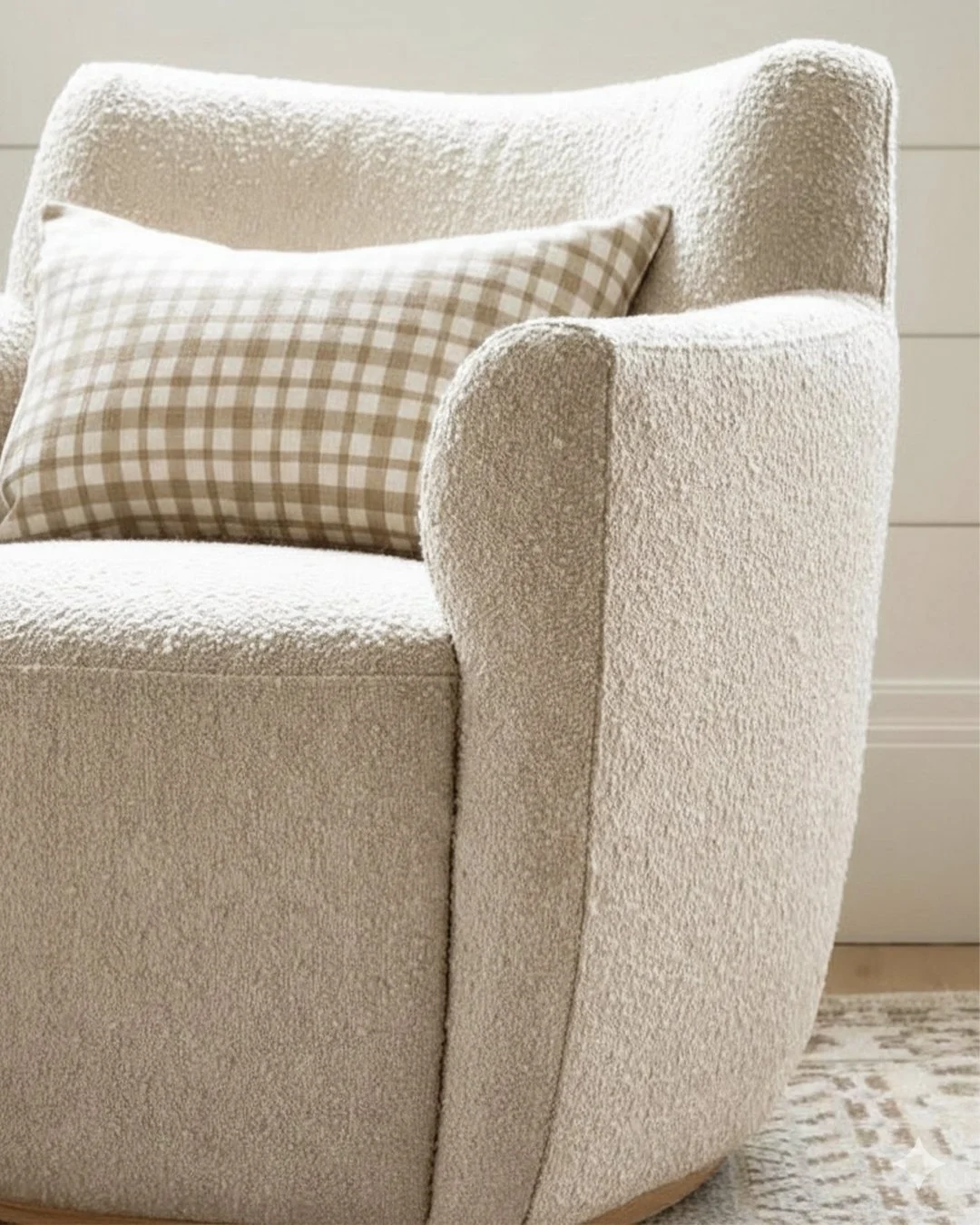 Boucl&eacute; comfort in the sculpted Alford accent chair for McGee &amp; Co. Modern lines with timeless accents.