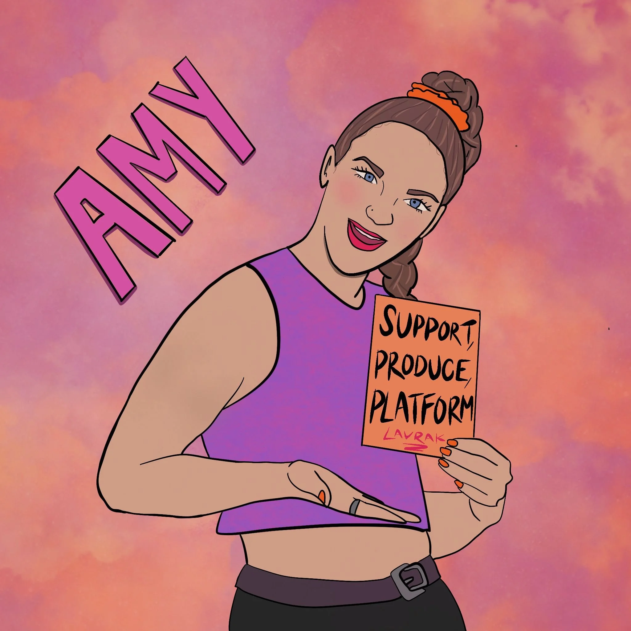Illustration of a smiling woman with light skin and brown hair in a plait, holding an orange card reading “Support, Produce, Platform – Lavrak.” Set against a pink and orange sky, with “AMY” in large letters