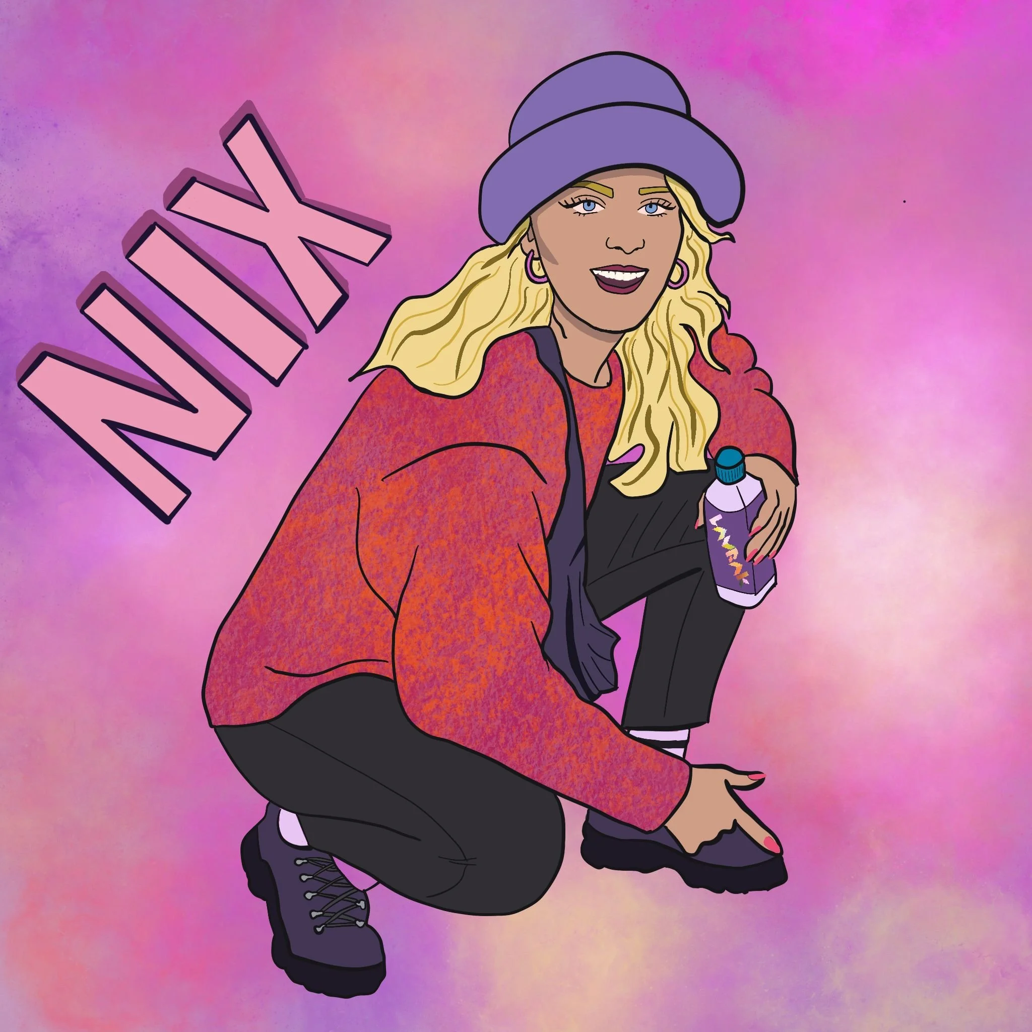 Illustration of a smiling white woman with long blonde hair, crouching against a pink and purple background. She wears a bold, colourful outfit and holds a small bottle. “NIX” appears beside her in large letters.