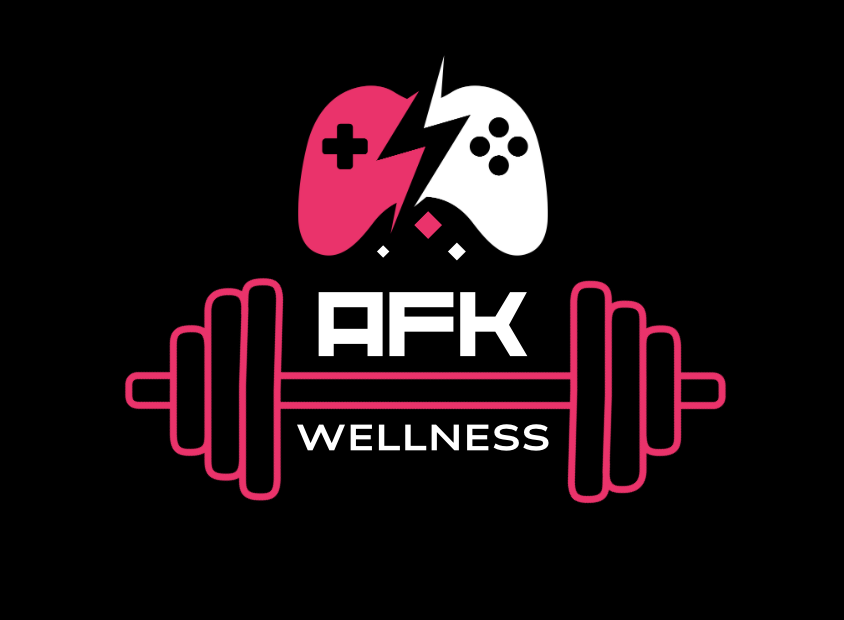 A logo with gaming controllers, a dumbbell, and the text 'AFK Wellness' in pink and white on a black background.