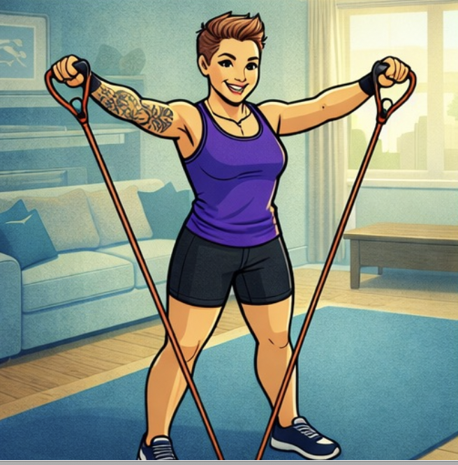 A woman with short hair, tattoos on her left arm, wearing a purple tank top, black shorts, and sneakers, exercising indoors with resistance bands.