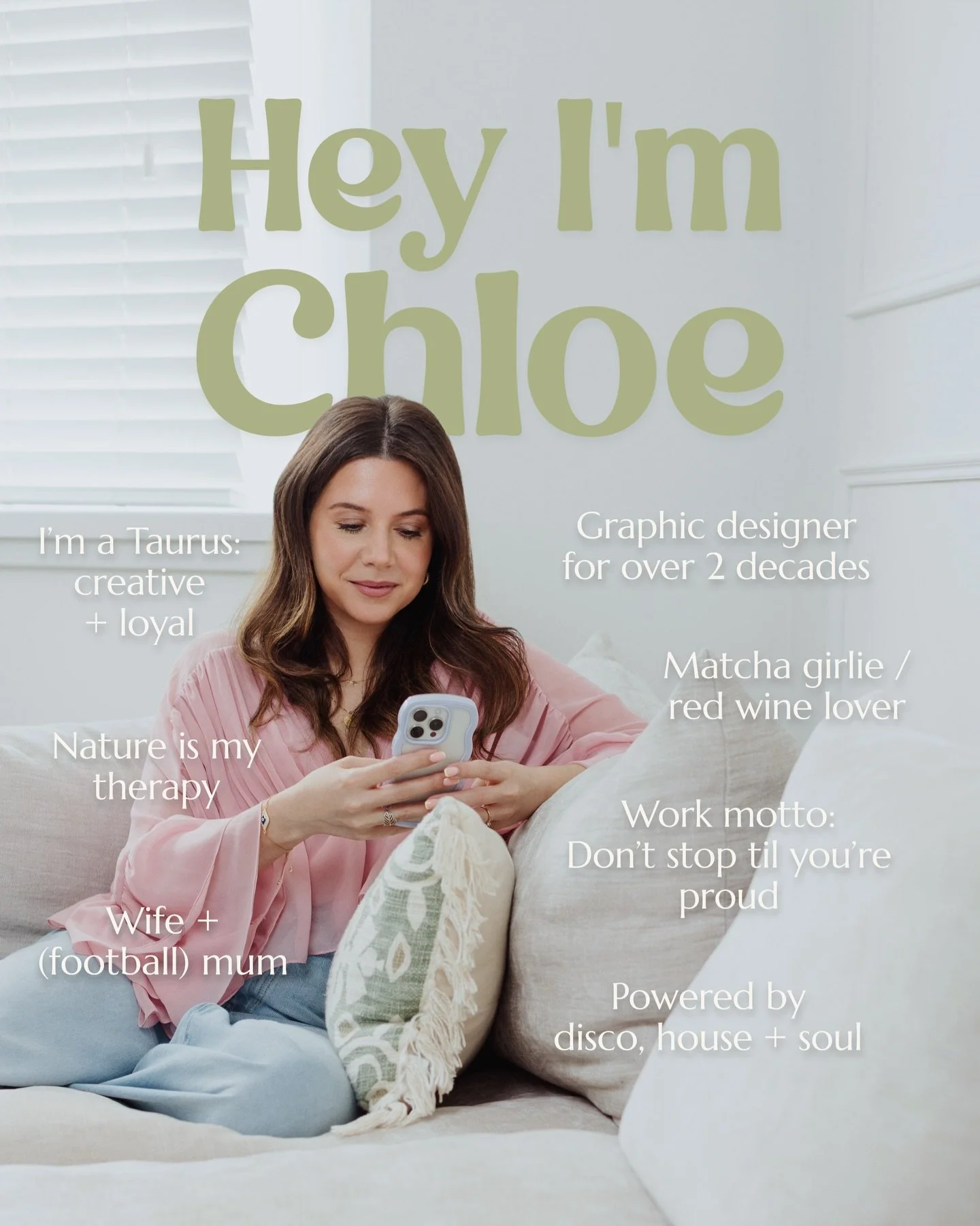 If you&rsquo;re new around here, hey I&rsquo;m Chloe 👋🏼 

I&rsquo;m based in Scotland (but work globally) and fuelled by matcha + disco music 🎧🪩 I&rsquo;ve been a graphic designer for over 2 decades and took the leap to start up Your Vibes Only i