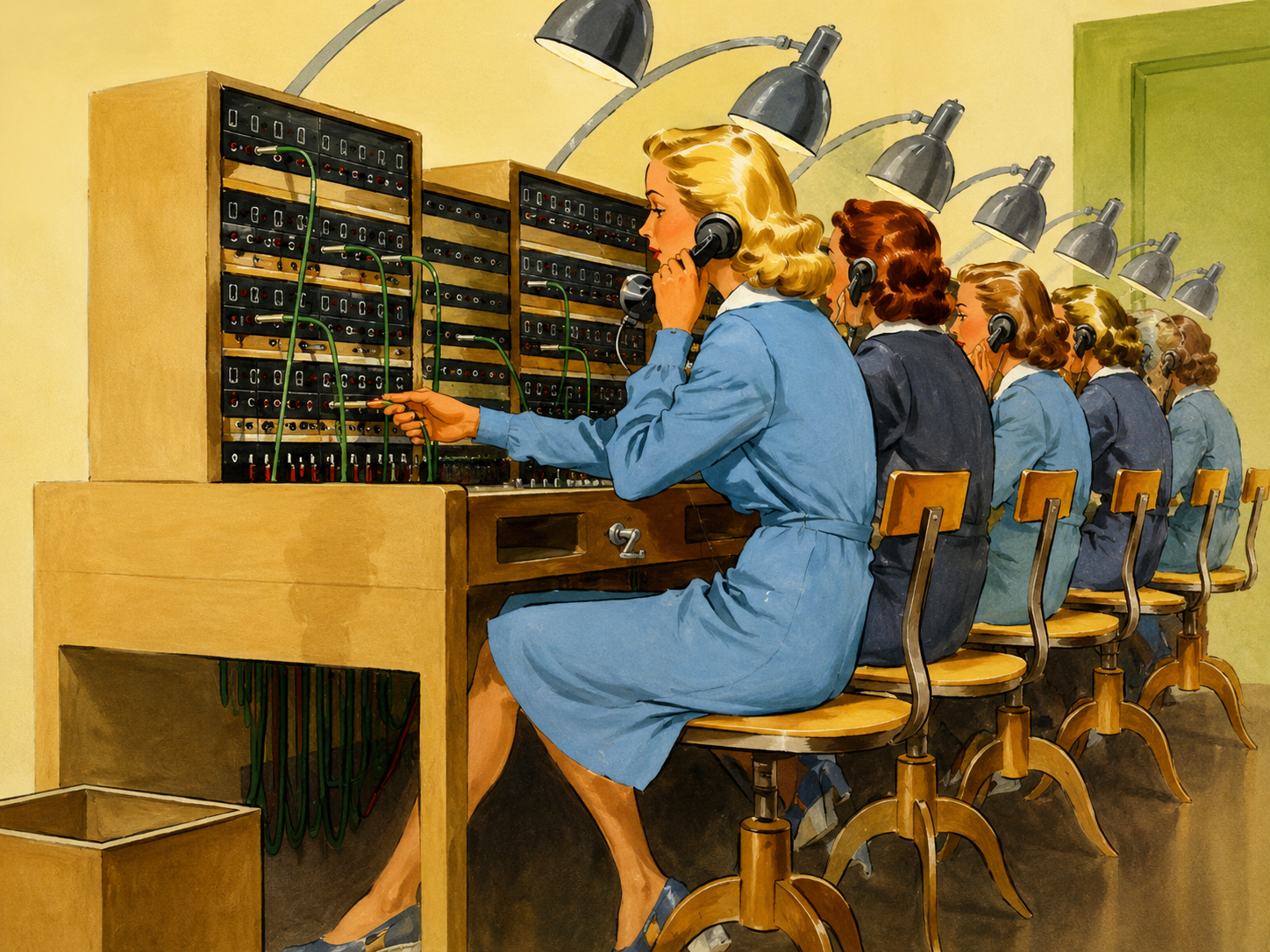 Women working at a vintage telephone switchboard with multiple operators in a row, each wearing a headset and seated on wooden chairs, under overhead lamps.