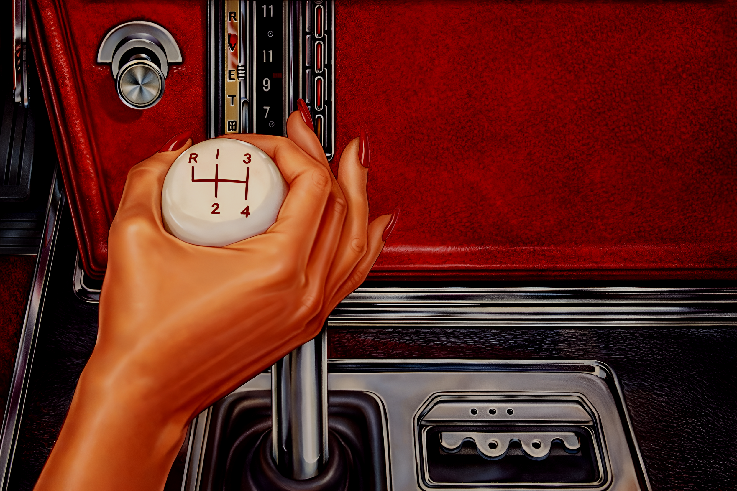 A hand with red painted nails is gripping a white gear shift knob with a diagram of a 4-speed manual transmission pattern, inside a classic car with a red interior and chrome accents.