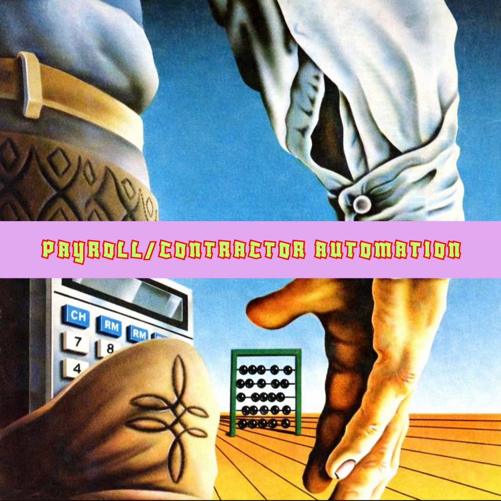 A surreal painting depicting a person in a gray shirt and patterned pants, with two large hands in the foreground, and a calculator and an abacus in the background. A purple banner with red and yellow text reads 'Payroll/Contractor Automation'.