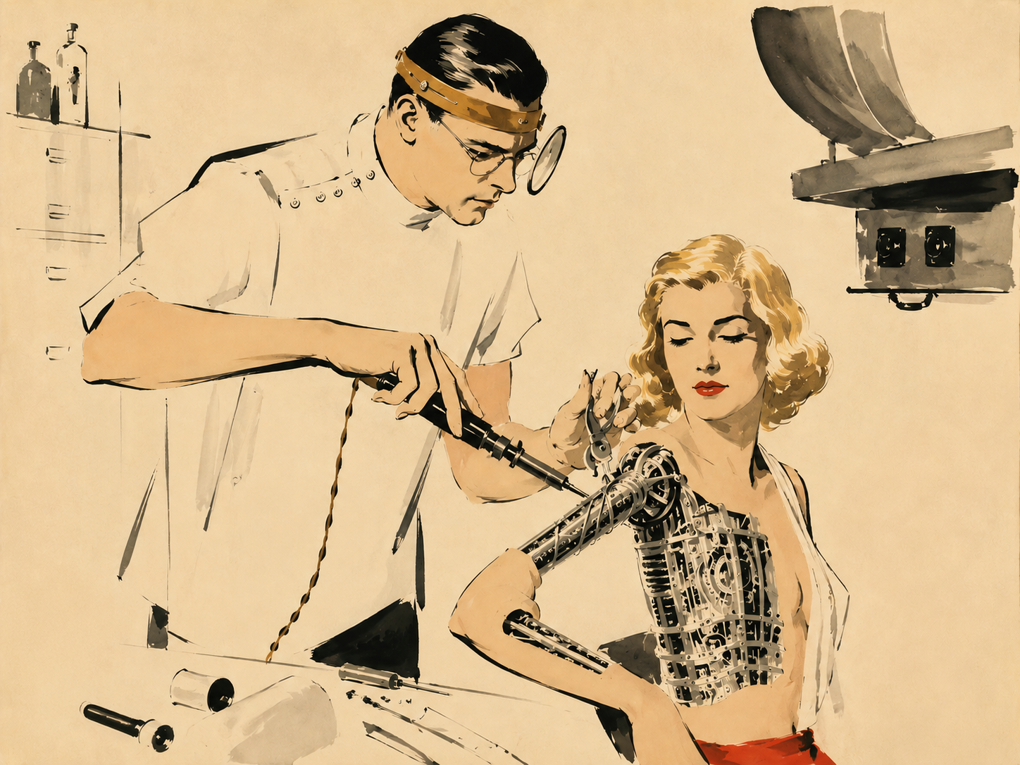 A woman with vintage hairstyle and makeup gets a prosthetic arm attached, with a man in medical attire assisting.