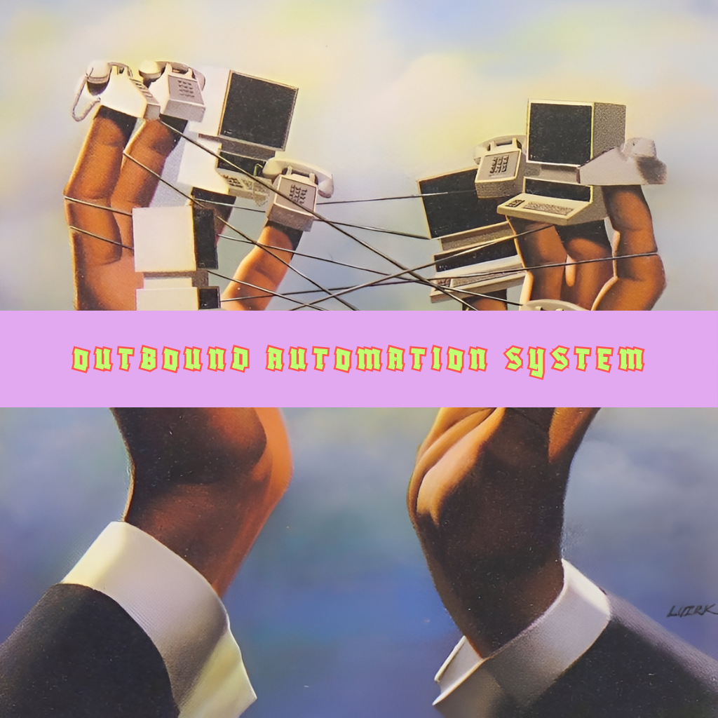 Two hands holding a string with old-fashioned telephones and computers on the fingers, with text 'OUTBOUNT AUTOMATION SYSTEM' across the middle.