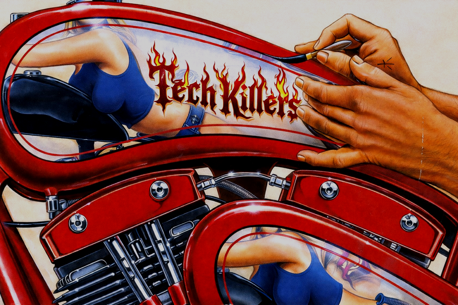 A custom-painted motorcycle gas tank featuring the words 'Tech Killers' in a fiery, gothic font, with a reflection of a woman in a blue crop top and tattooed arm.