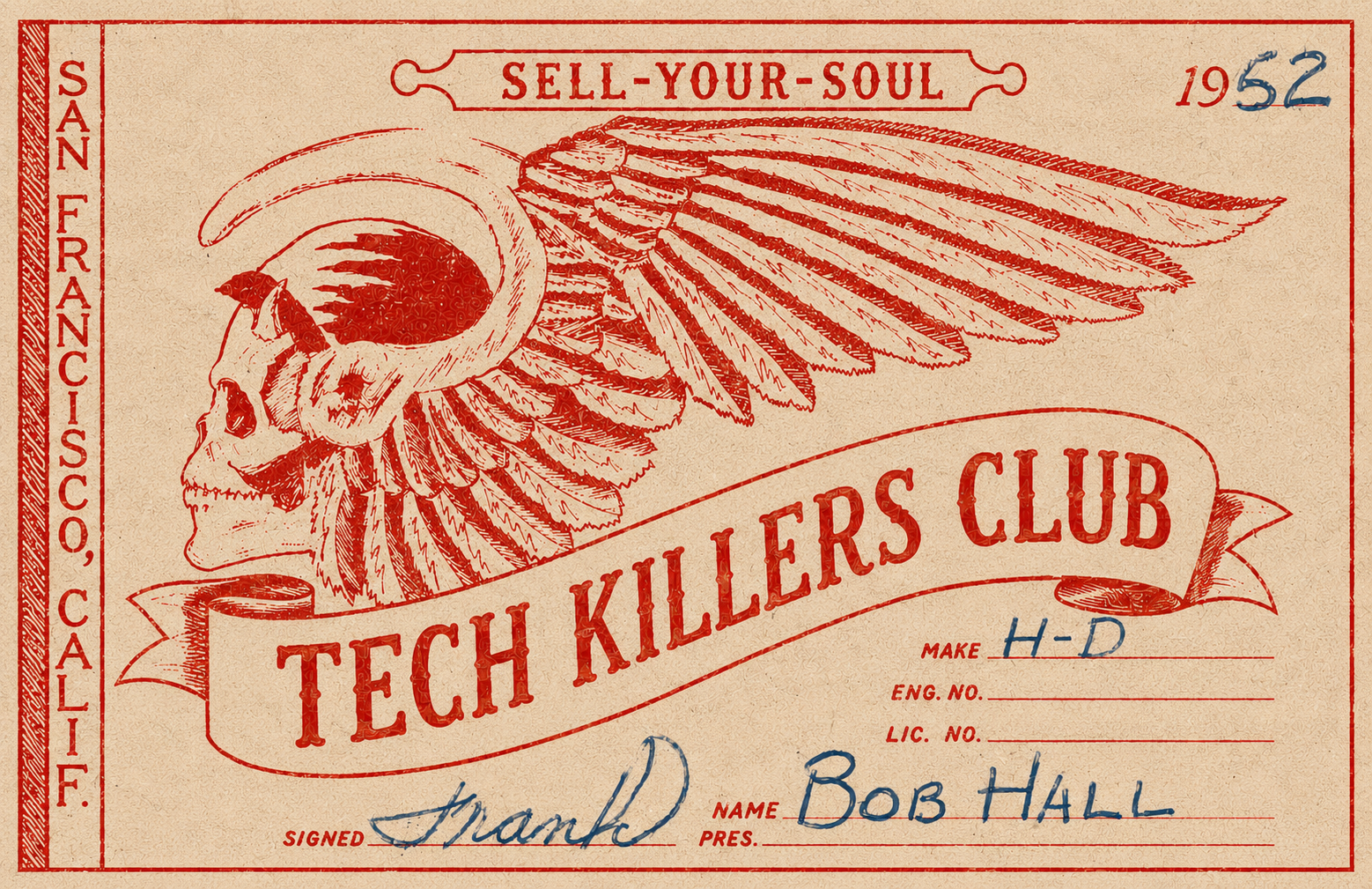 Vintage card for the Tech Killers Club featuring a skull with a winged ram's skull illustration in red and beige tones, with handwritten name Bob Hall and signature.