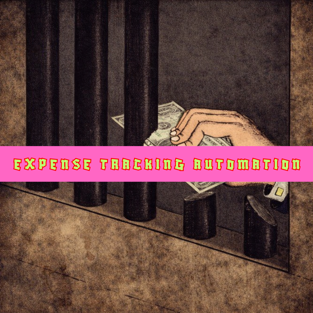 Illustration of a hand inserting a dollar bill into a cash register tray with bars. Overlaid with a pink banner that reads 'EXPENSE TRACKING AUTOMATION' in yellow and red text.