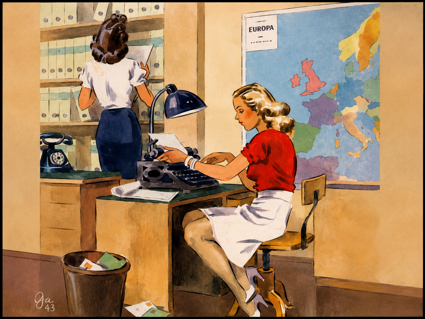 A vintage office scene with two women; one is sitting at a desk typing on a typewriter, wearing a red top and white skirt, and the other is standing with her back to the viewer, sorting files on a shelf. A large Europe map is on the wall, and a trash can with papers is on the floor.