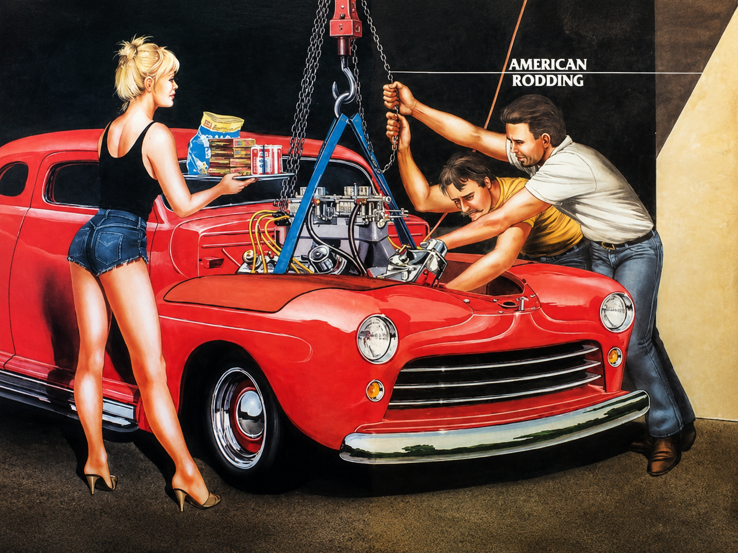 A vintage-style mural of two men working on a red classic car's engine while a woman in a black top and short denim skirt holds a tray with snacks and drinks nearby.