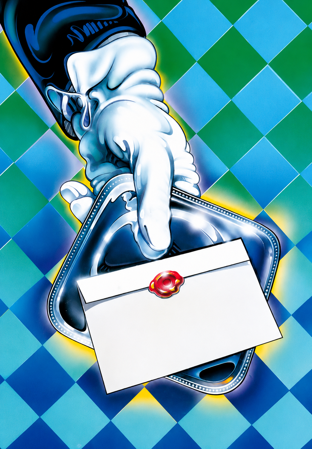 Graffiti art of a hand holding a silver tray, with a white envelope sealed with red wax, set against a colorful diamond-patterned background.