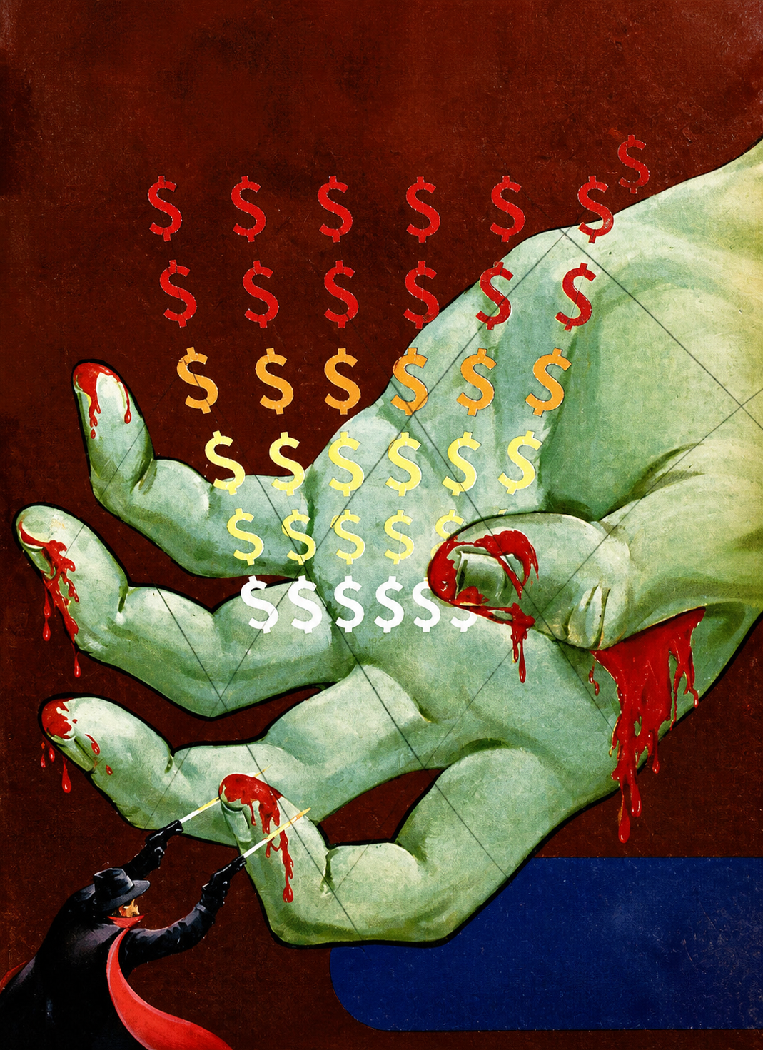A large green hand with red bloodstains at the tips of the fingers is being painted by a small figure in black clothing and a black hat. The hand features hanging red, orange, yellow, and white dollar signs, with the red signs on top, followed by orange, yellow, and white symbols. The background is dark red, and the hand appears to be emerging from a blue base.