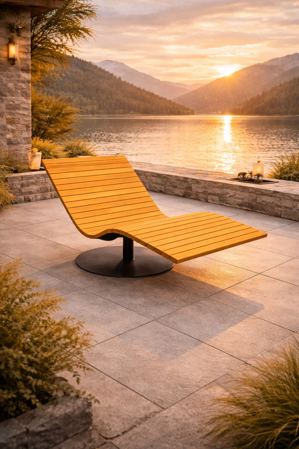 Solis Garapa Outdoor-Liege aus hellem Holz – moderne Designliege für Hotelterrassen und hochwertige Spa-Bereiche