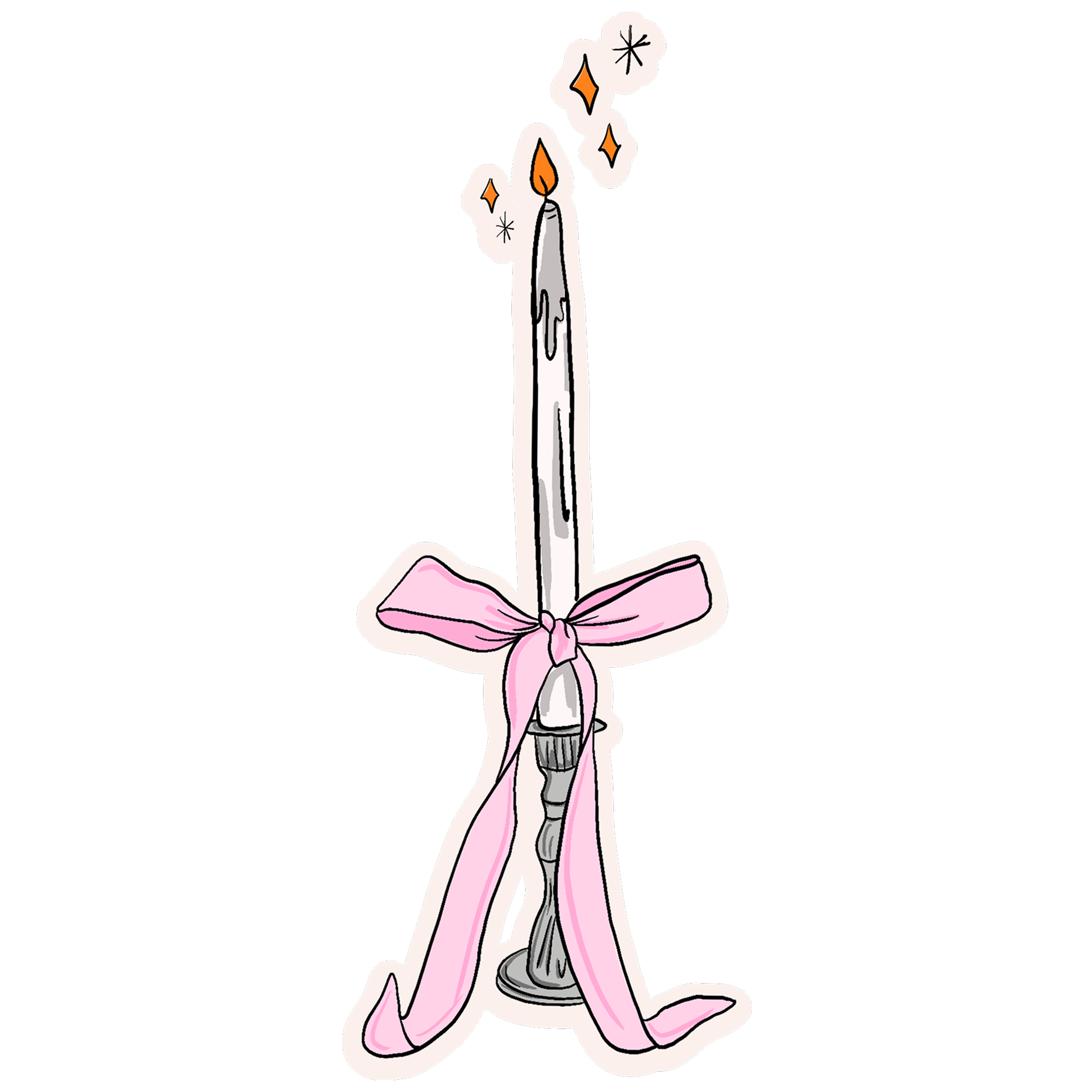 A lit birthday candle with melting wax, decorated with a pink ribbon tied in a bow, placed on a small candle holder.