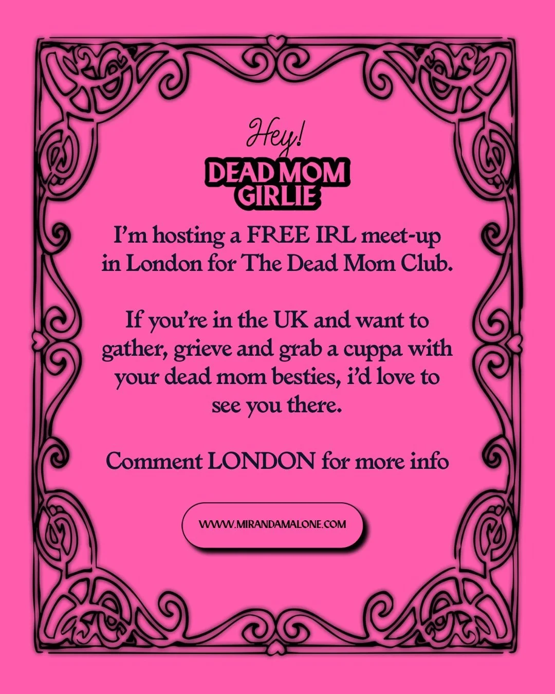 🫶 ELLO LONDON GIRLIES!!! I&rsquo;m hosting an IRL meet-up for all my GrievHERS across the pond.

DATE: Saturday April 11th 
TIME: 10 AM GMT
LOCATION: *Secret Location in Central London 🇬🇧

There&rsquo;s limited space available, if you wanna meet m