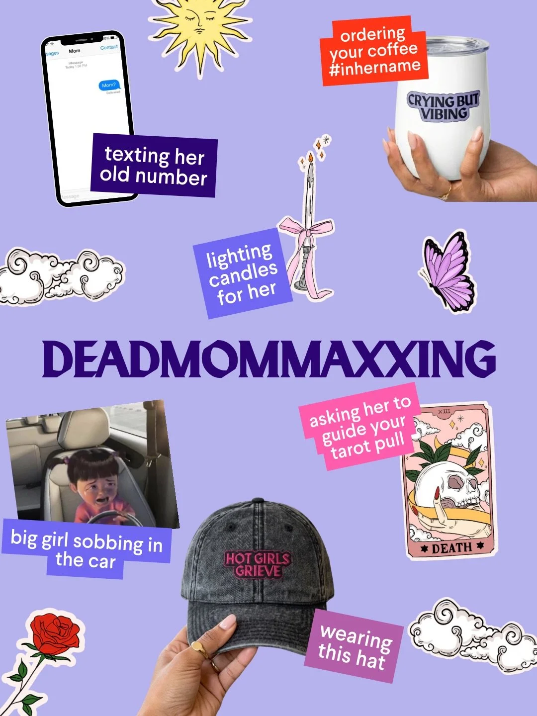 DEAD MOM CLUB MERCH IS OFFICIALLY LIVE 🪩🎉💜

The internet told me grieving should be quiet.

So naturally, I made merch.

For the girls who order coffee #inhername
For the girls who text her old number.
For the girls who pull tarot cards, light can