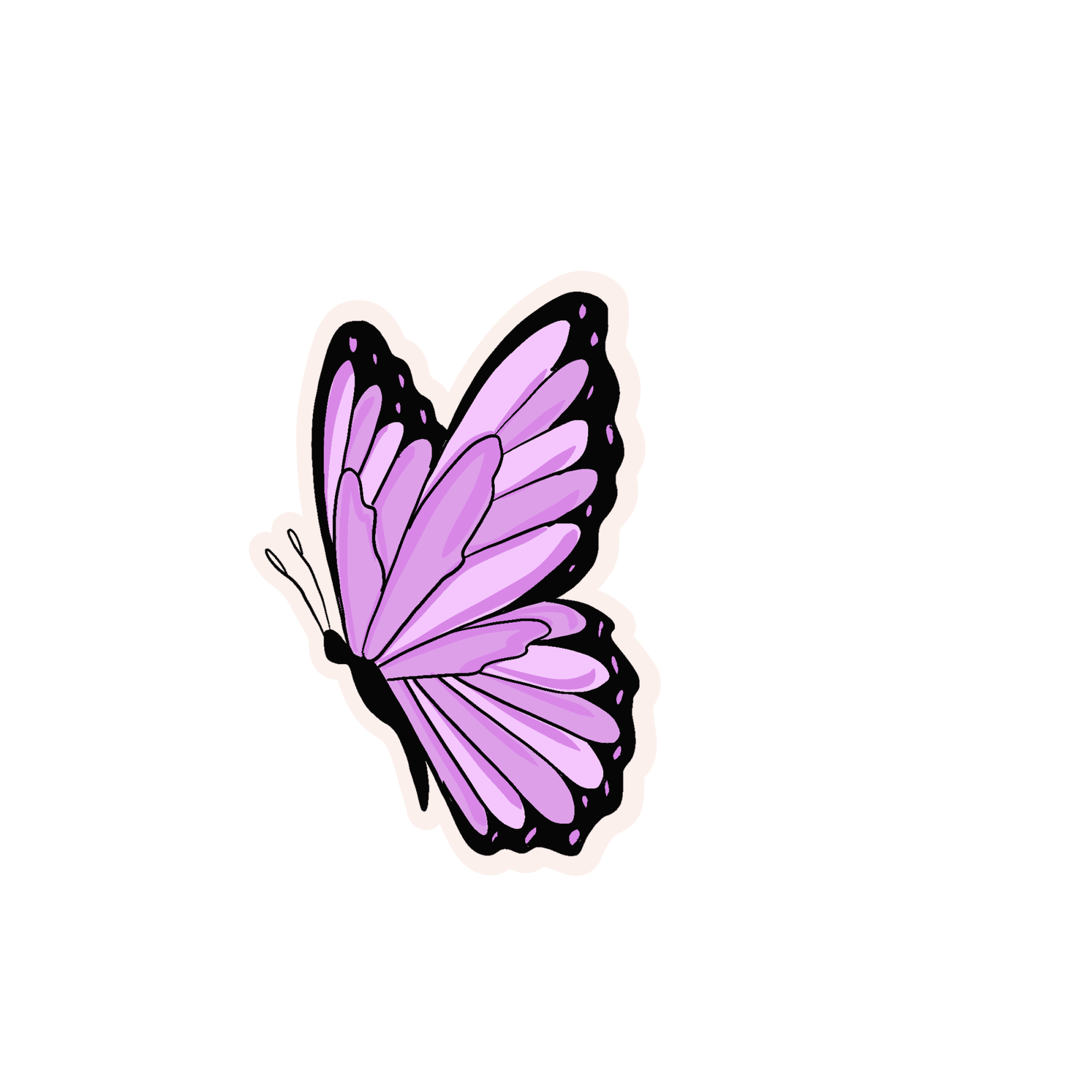 Purple butterfly sticker with black accents and white outline on a black background
