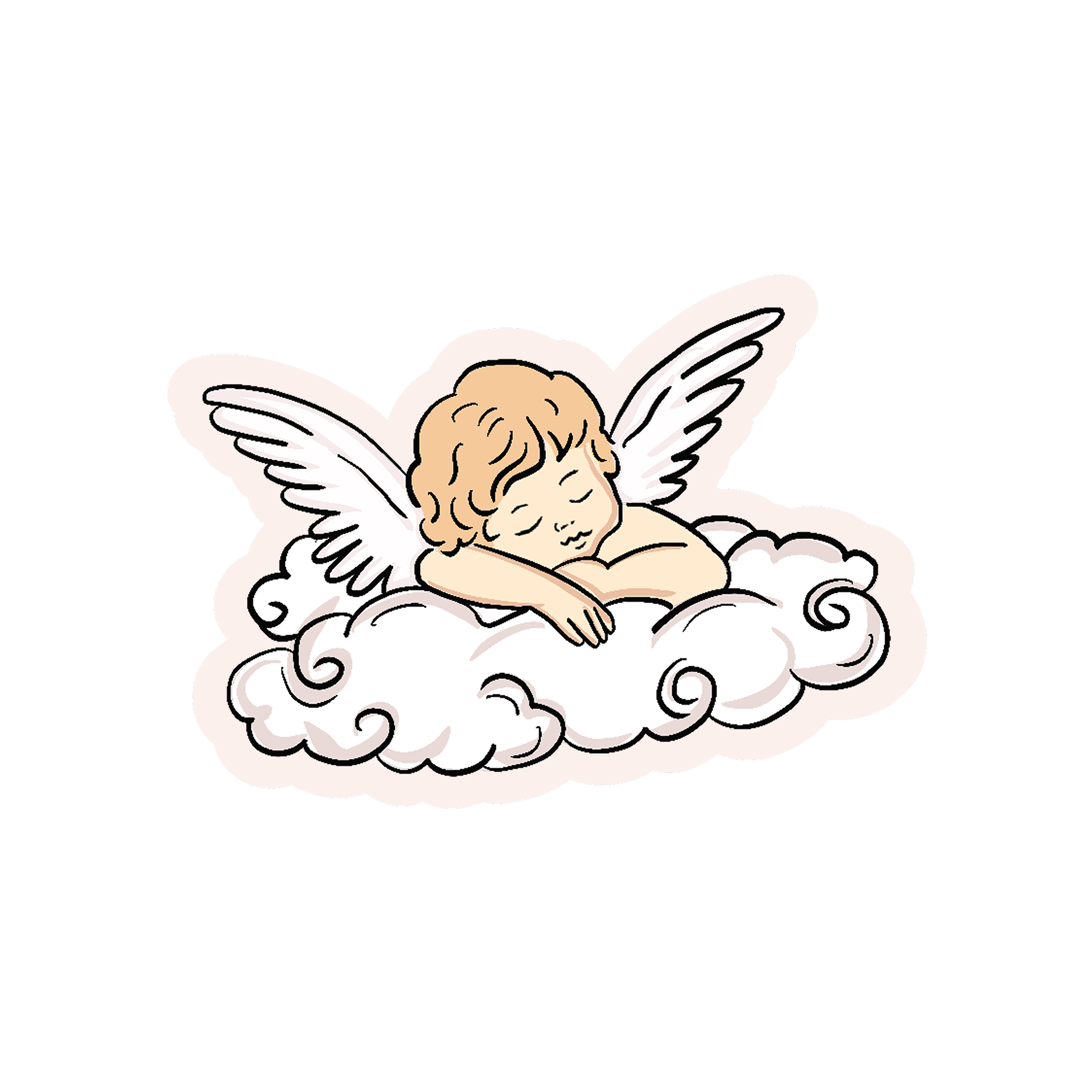 Cartoon of a sleeping cherub with curly hair and angel wings resting on a cloud.
